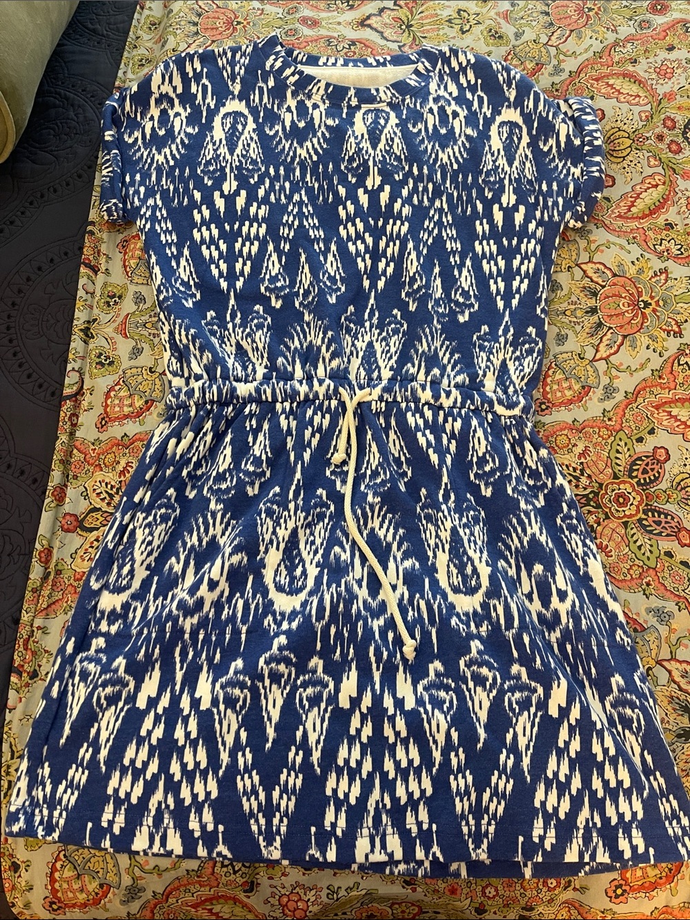 Blue and White Drawstring Ikat Dress
